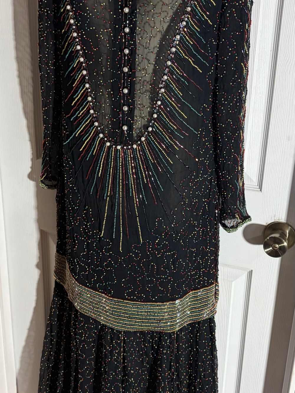 Vtg 1980s Heavily Hand beaded Black Silk Long Lined Princess Dress By Tanya Sz L